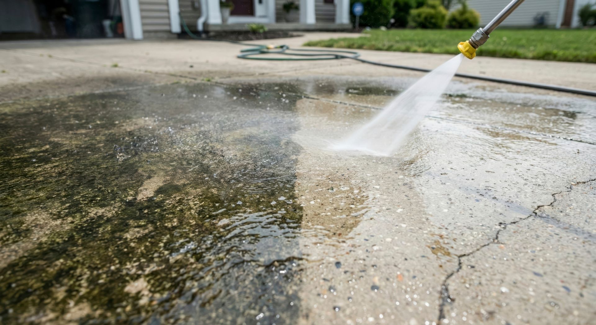 Pressure washer spraying water across a cracked concrete driveway outdoors
