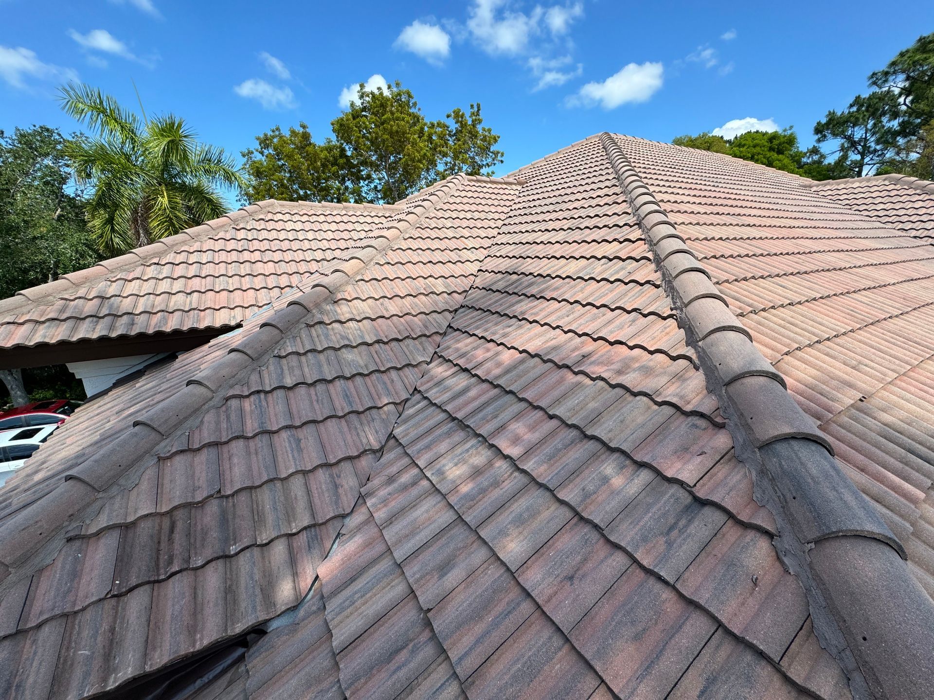 Brown tile roof on a building with trees and blue sky visible.