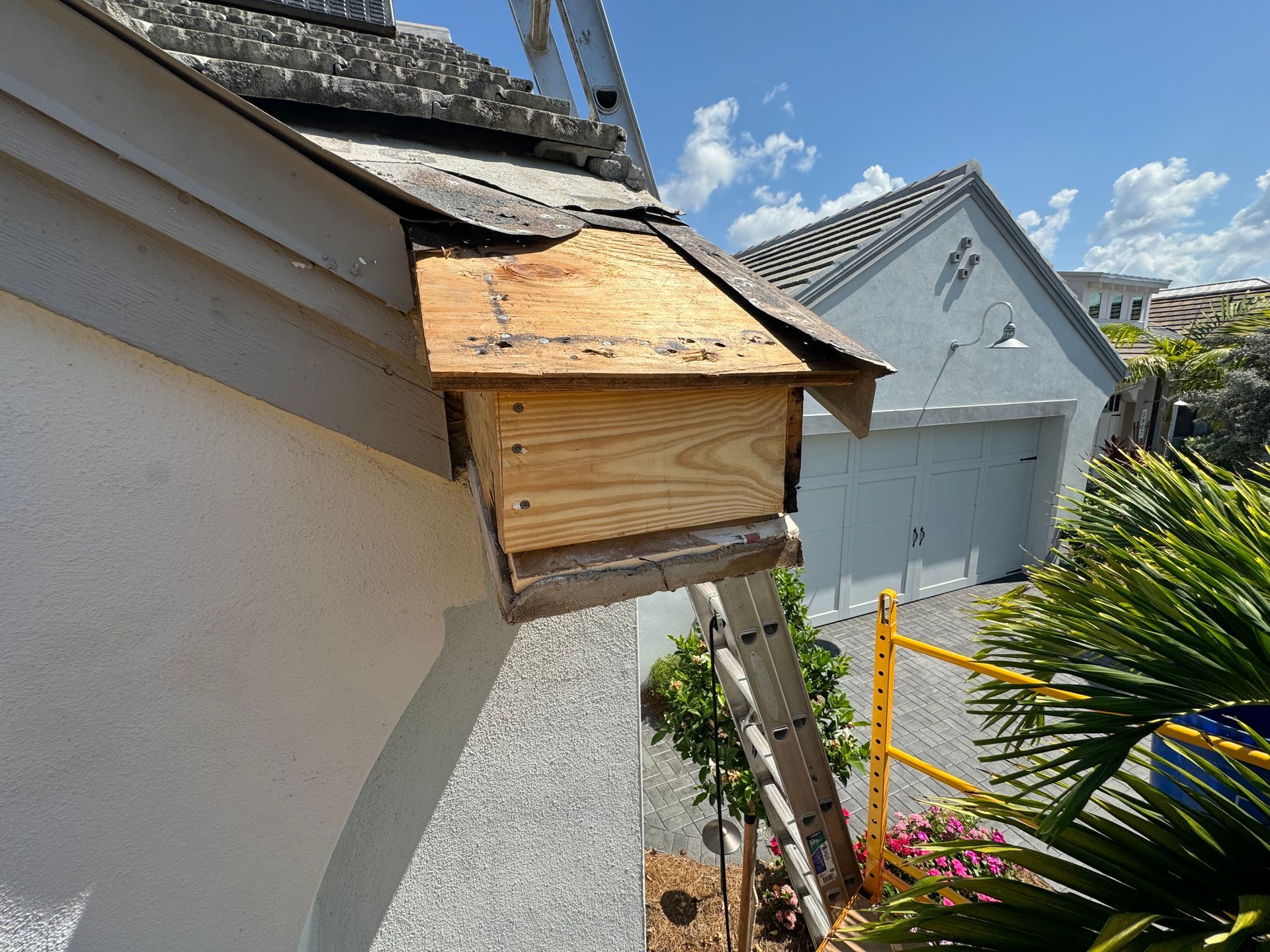 Wooden structure attached to a building's roof with a ladder and scaffolding. Bright sunny day.