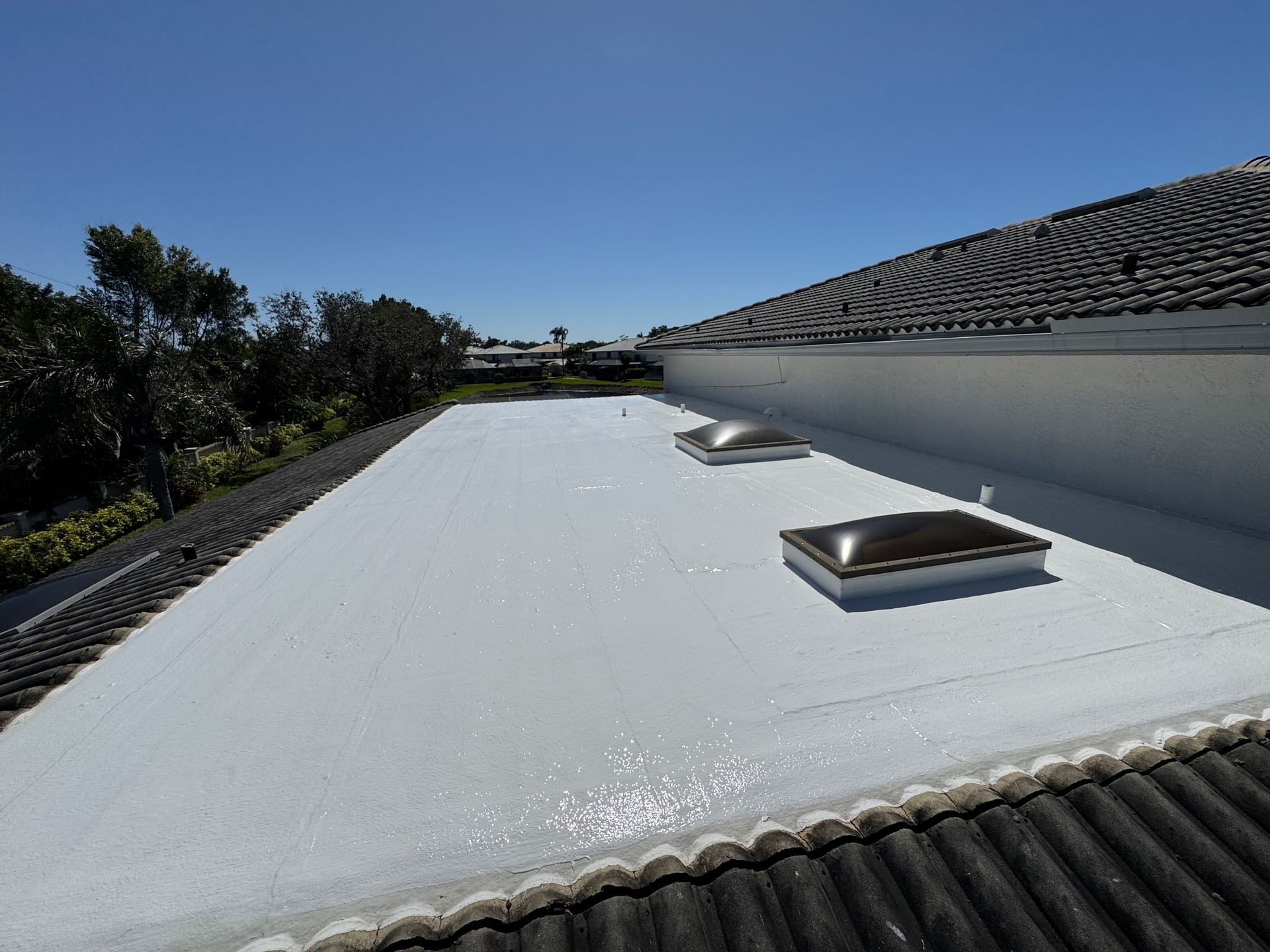 Flat white roof with two skylights, adjacent to a tiled roof, clear sky in background.