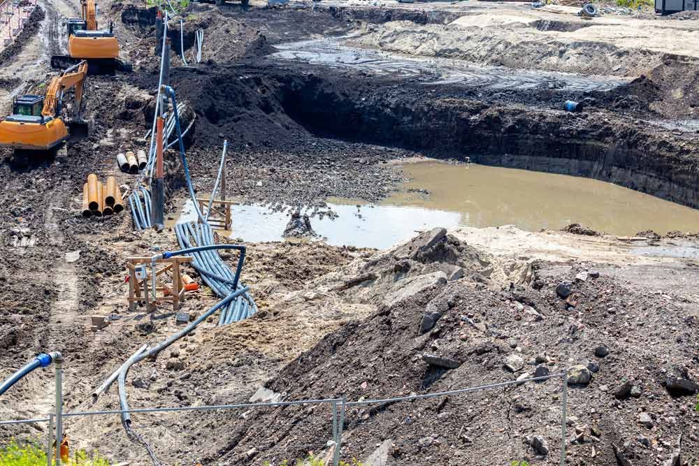 Construction Site With Excavators, Exposed Earth, and a Muddy Pond — Keyeng in Slade Point, QLD