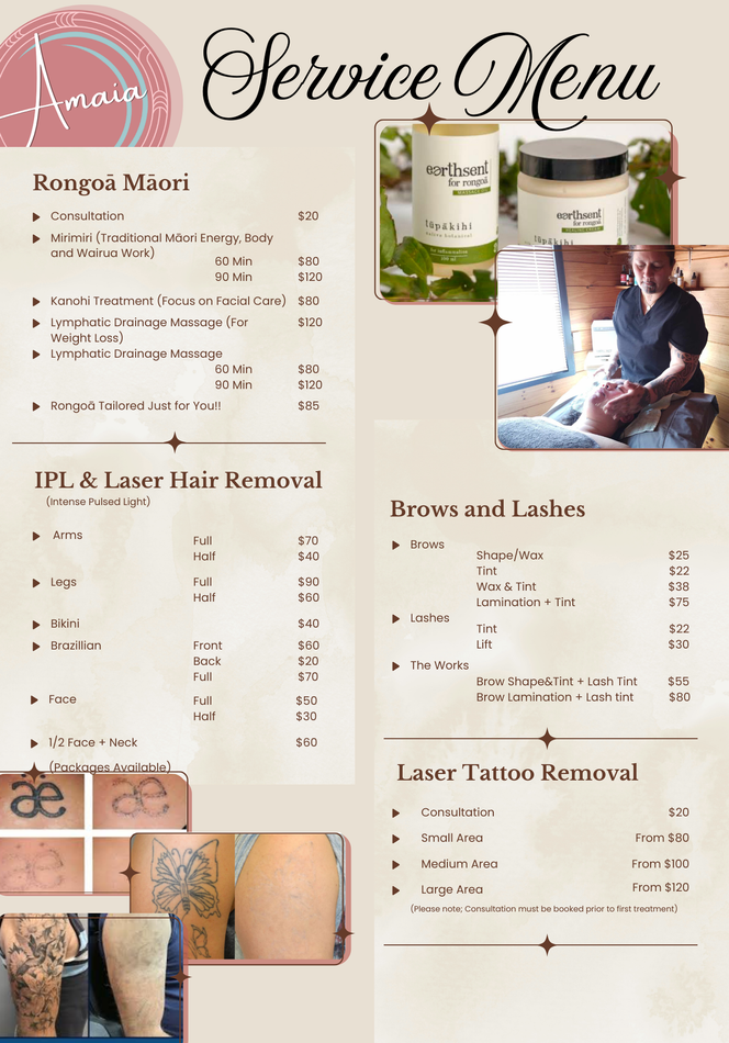 A service menu for a salon with a picture of a man kneeling down.