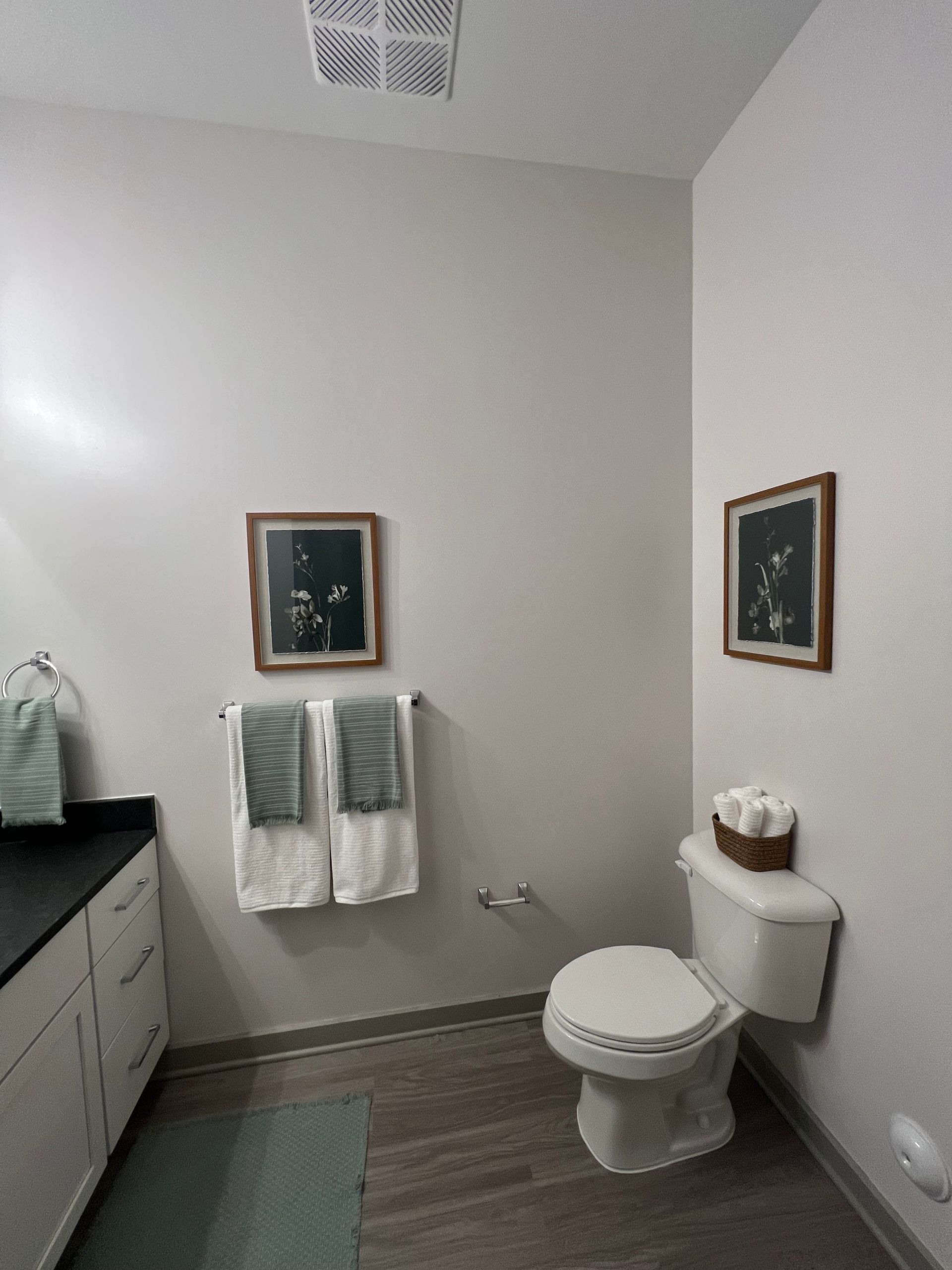 A bathroom with a toilet , sink , and two pictures on the wall.