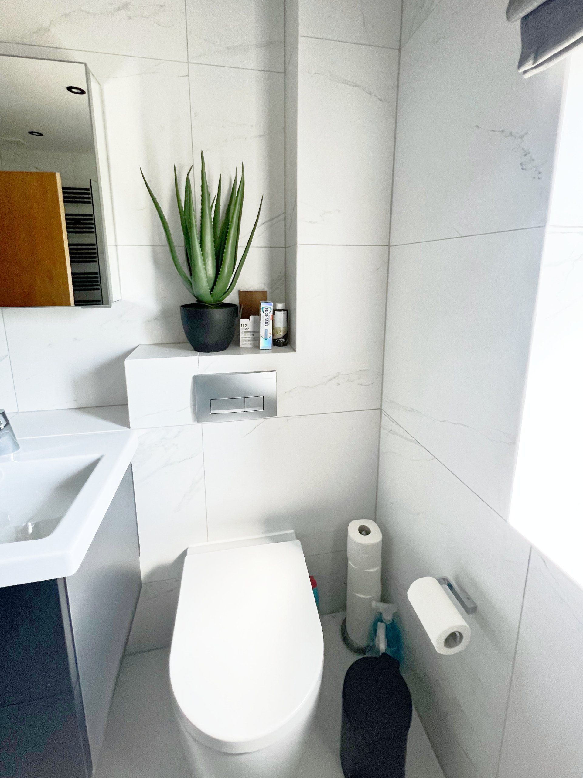 A bathroom with a toilet a sink and a mirror.