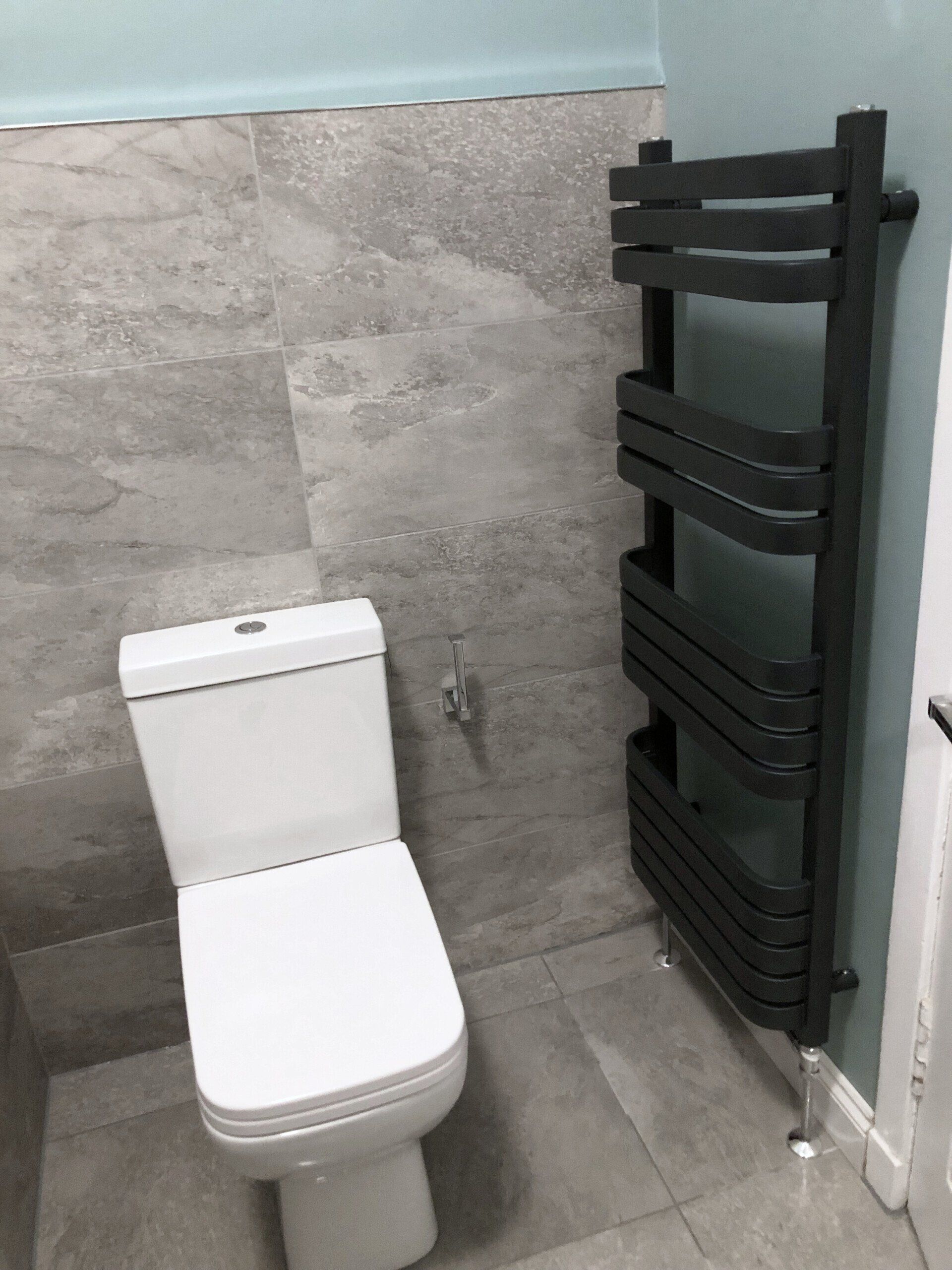 A bathroom with a toilet and a towel rack.