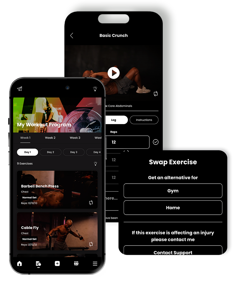 Three mobile phones displaying a fitness app with workout videos, exercise options, and swap exercise feature. HX3