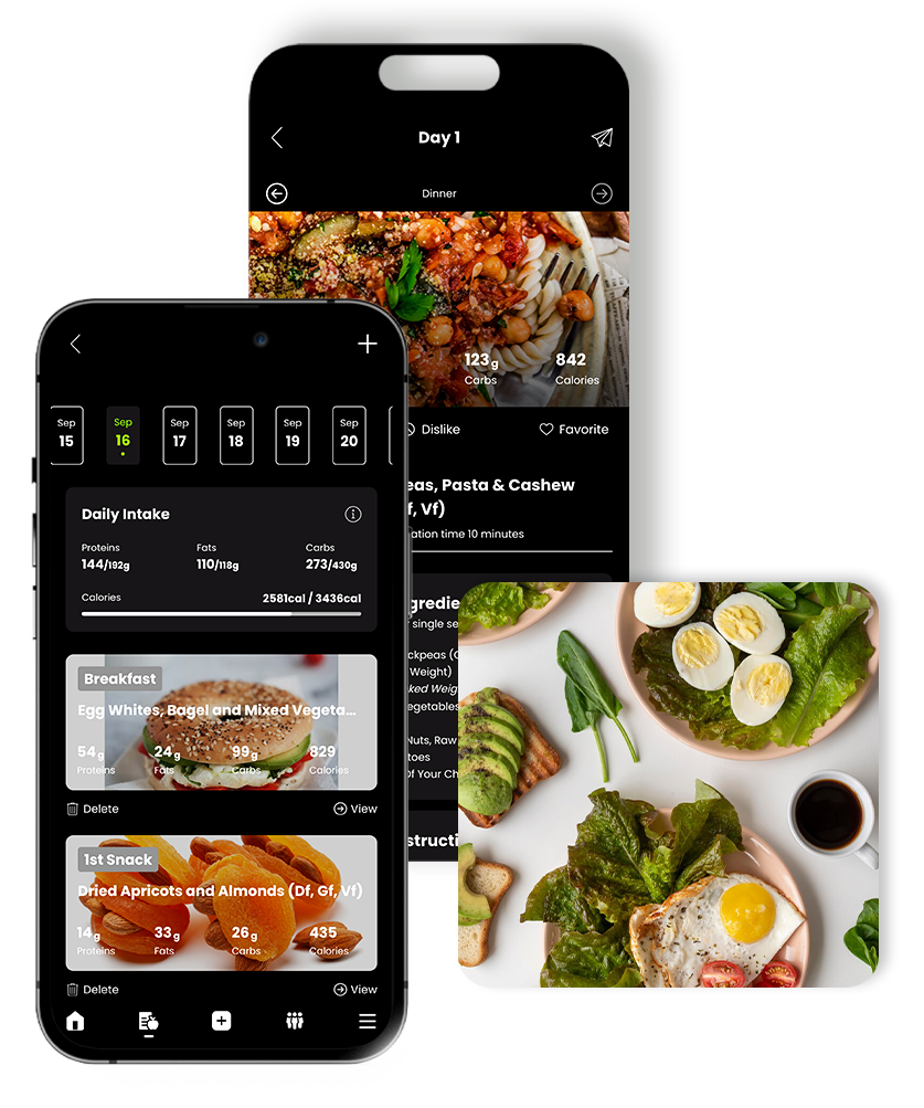 Three smartphones displaying a diet app with food photos and tracking data. HX3