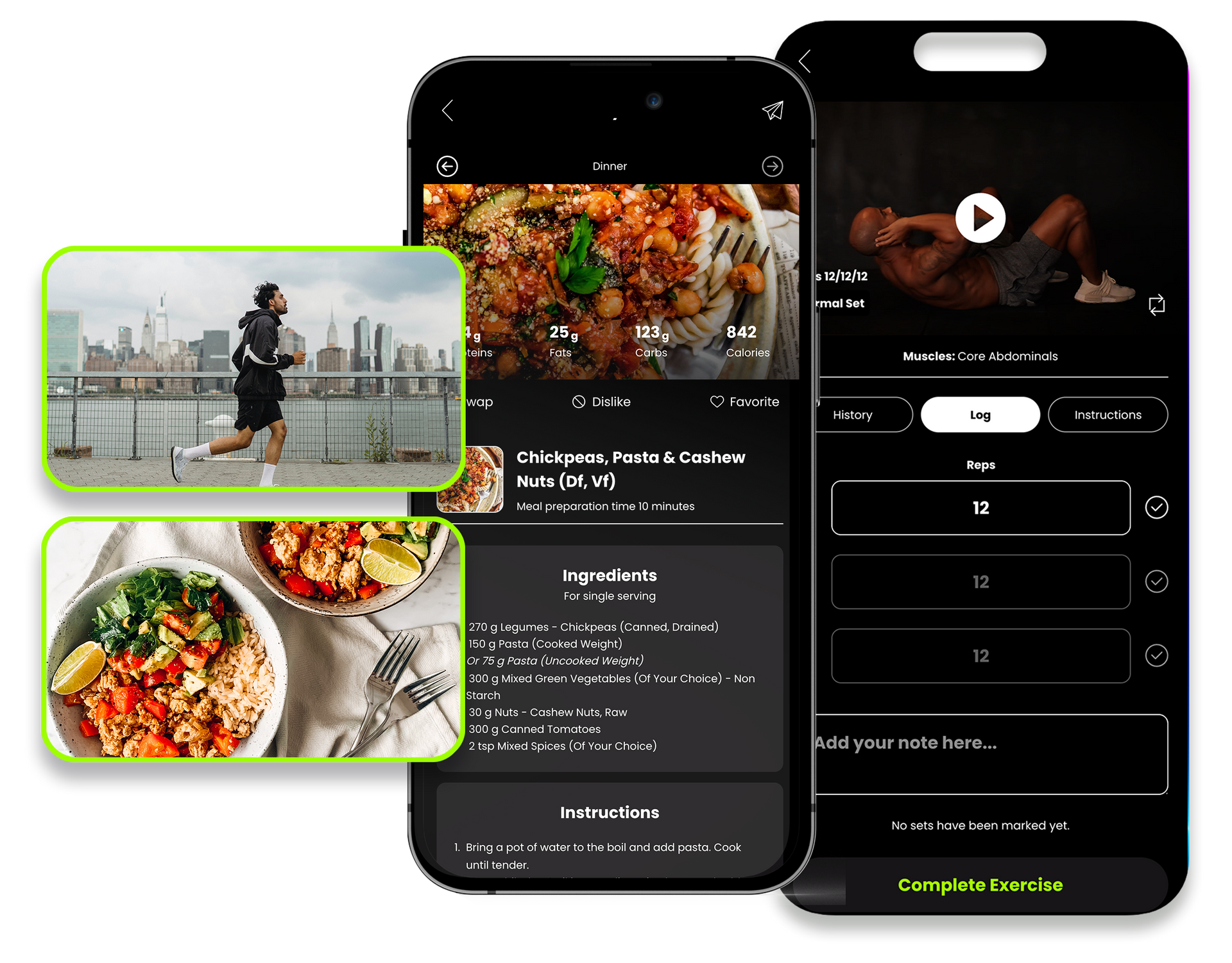 Fitness app on smartphones: Running man, food, and workout video with options. HX3 logo - personalised Workout and Nutrition Plans