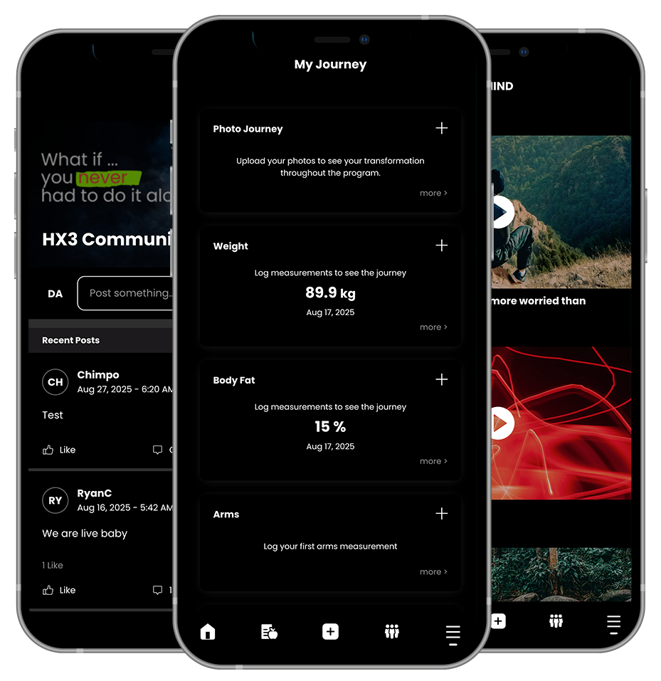 Three black mobile phones displaying an app interface. The middle phone shows a