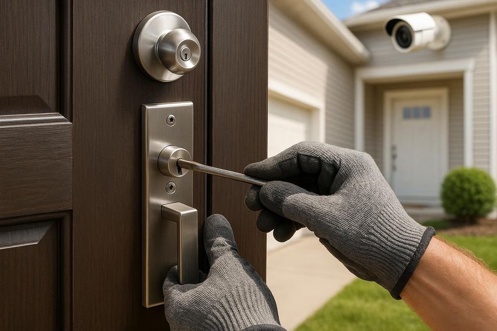 Person wearing gloves picks a door lock. A security camera is visible on the house.