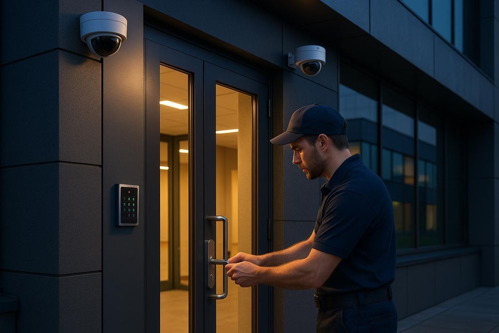 Man in uniform opening a building door with security cameras.