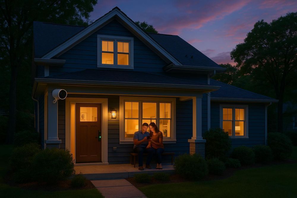 A cozy blue house at dusk, with a couple on the porch. Warm light glows from the windows.