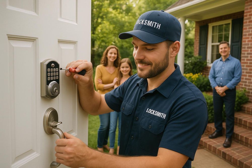 Locksmith installing a keypad lock on a white door; family watches in front of a house.