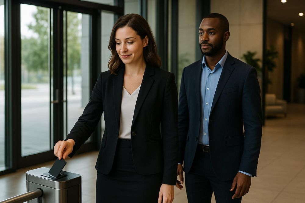Woman uses access card at a security turnstile, followed by a man in a business building lobby.