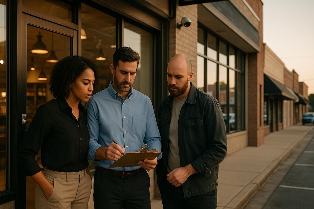 Three people looking at a clipboard outside a building. One person is writing.