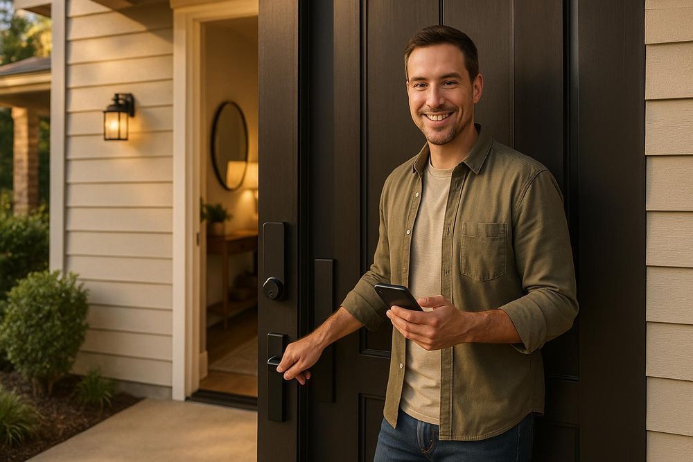 Man unlocking a black front door with a smartphone, smiling. Exterior shot of a house with a porch.
