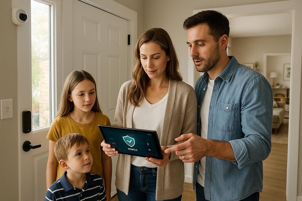 Family looking at a tablet with a security app at a home's entrance.
