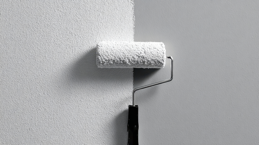 Paint roller applying white paint to a wall; the left side is textured and white, the right is smooth and grey.
