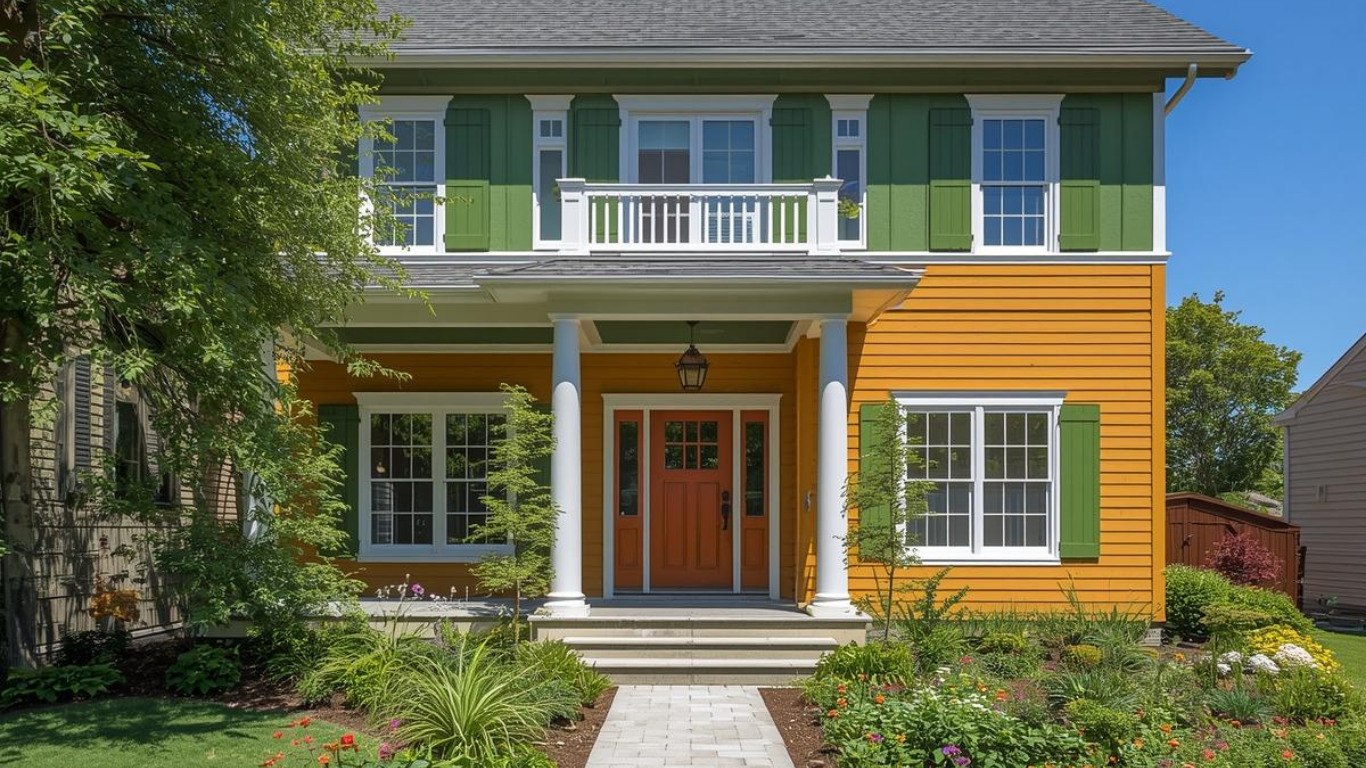 Yellow house with green shutters and orange door, small porch, and stone path.