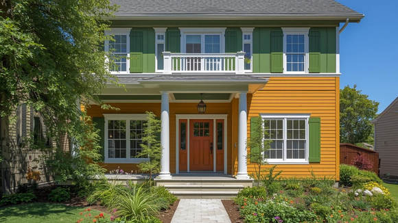 Yellow house with green shutters and orange door. White porch with stone pathway and green bushes.