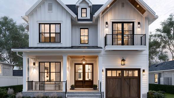 White farmhouse with dark trim, windows, and garage door; small balcony.
