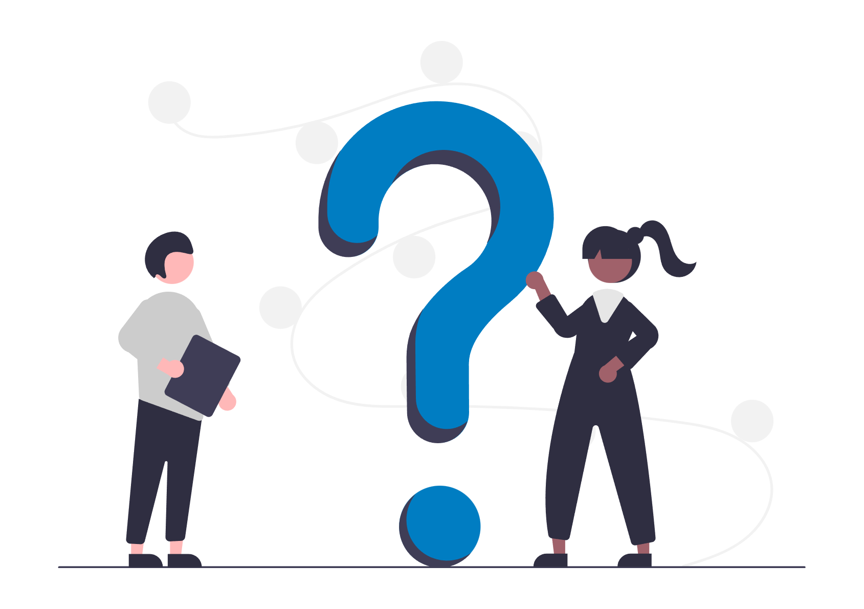 Two people facing large blue question mark. One holding a tablet, the other pointing at the question mark.