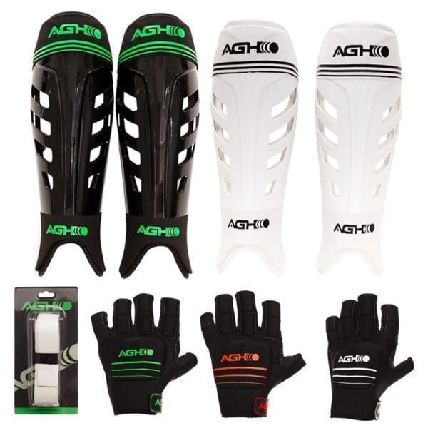 A pair of shin guards and a pair of gloves with the word agh on them