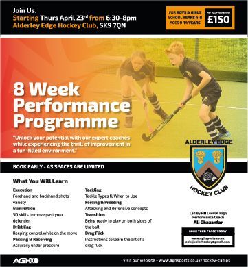Promotional flyer for an 8-week hockey performance programme at Alderley Edge Hockey Club, including training details.