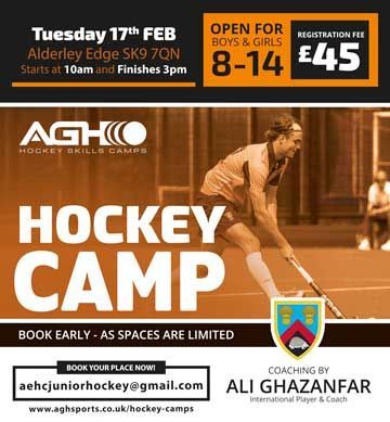 Hockey camp flyer for boys & girls aged 8-14 in Alderley Edge, Feb 17th. Coaching by Ali Ghazanfar.