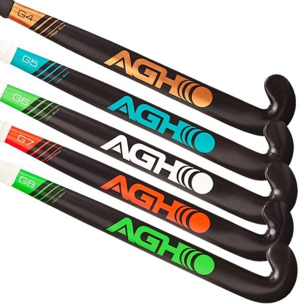 A bunch of hockey sticks with the word agh on them