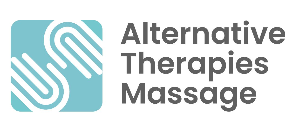 Logo for Alternative Therapies Massage. Turquoise square with white S design, gray text.