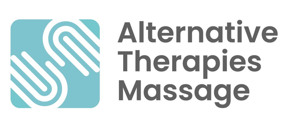 Logo for Alternative Therapies Massage. Turquoise square with white S design, gray text.