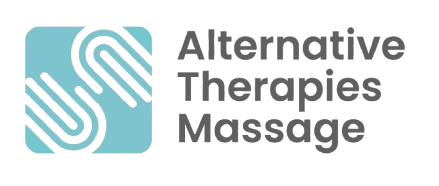 Logo of Alternative Therapies Massage. Turquoise square with white swirls, grey text.