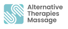 Logo of Alternative Therapies Massage. Turquoise square with white swirls, grey text.