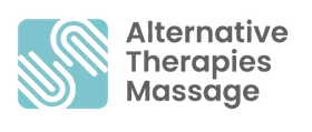 Logo of Alternative Therapies Massage. Turquoise square with white swirls, grey text.