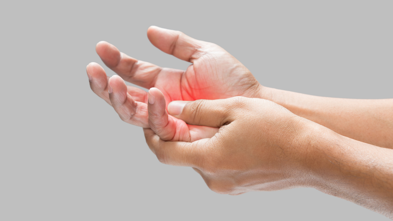 Hands, one showing red highlighted pain on the palm and thumb, possibly from injury.