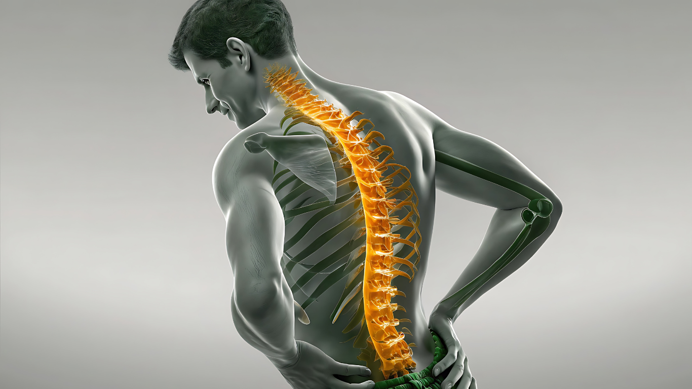 Man with highlighted spine experiencing back pain.
