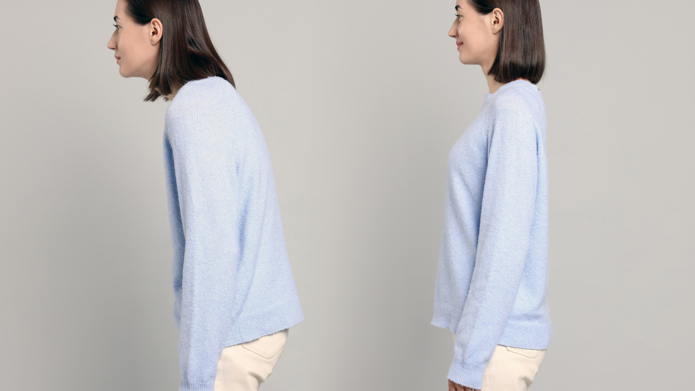 Woman in blue sweater demonstrates poor posture, then proper posture, side view.