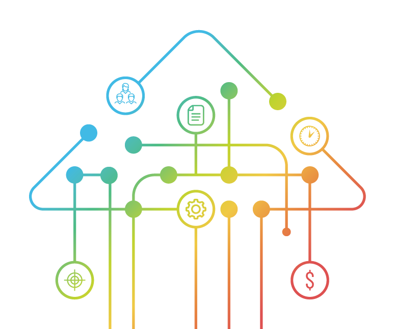 A rainbow colored diagram of a cloud with various icons connected to it.