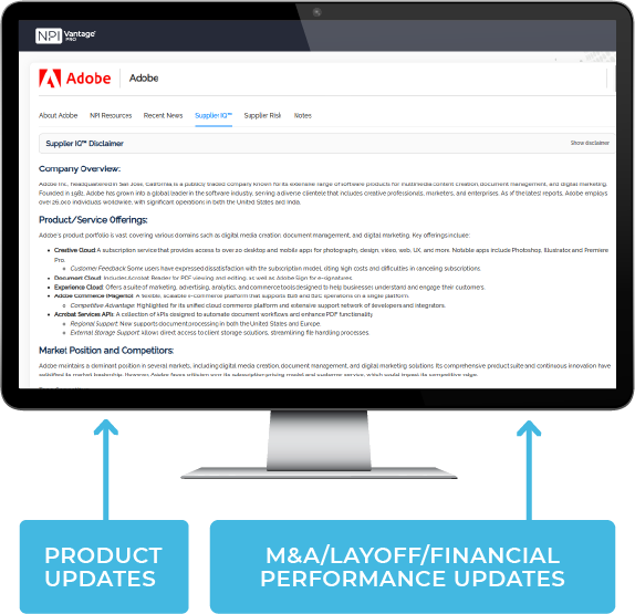 A computer monitor displays a adobe website with product updates and m & a / layoff / financial performance updates