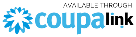 A blue and black logo for coupalink with a flower on it