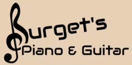 Logo for Burget's Piano & Guitar with a treble clef forming the letter B in black text on a light tan background.