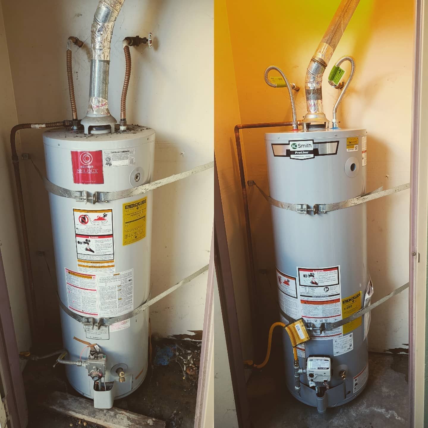 Two images side-by-side: a gas water heater in a utility closet with vent pipes, gas lines, and safety labels.