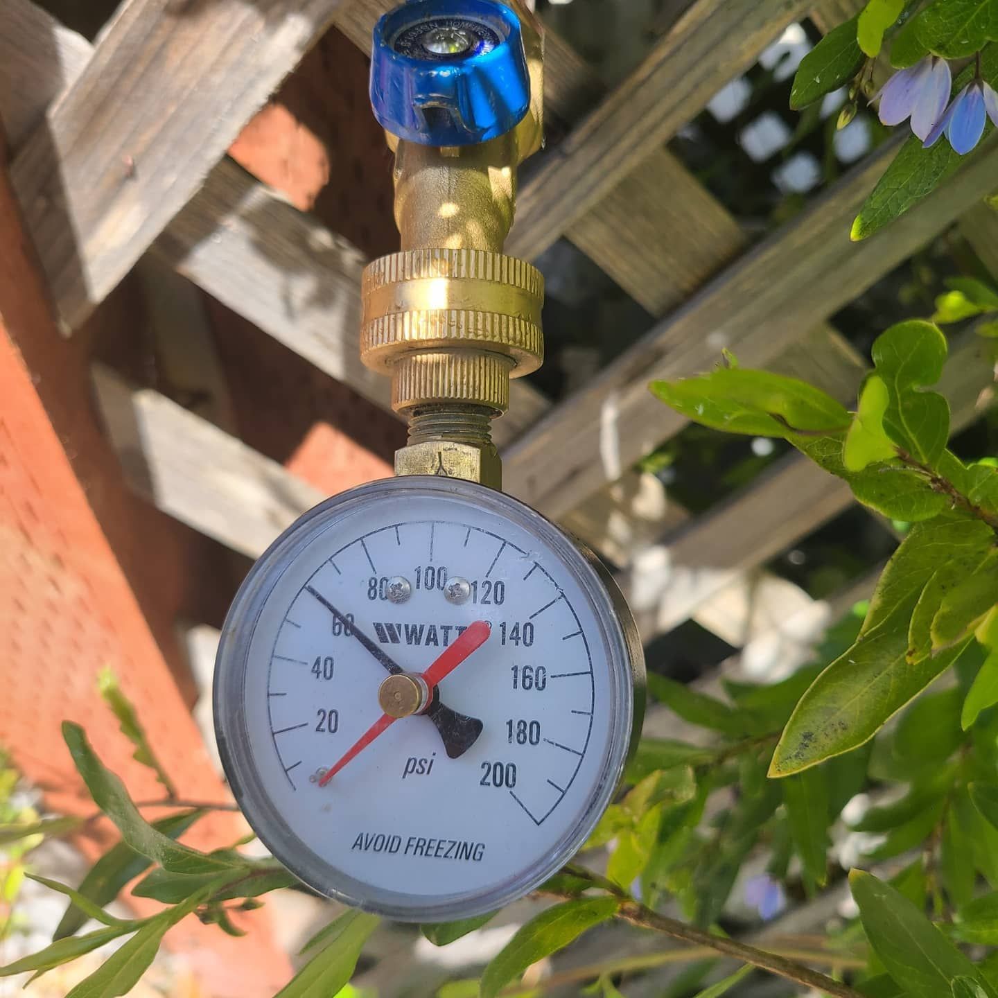 Water pressure gauge attached to a spigot, reading approximately 130 psi.