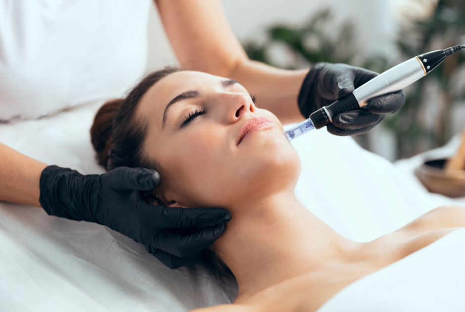 A woman is getting a facial treatment at a spa.