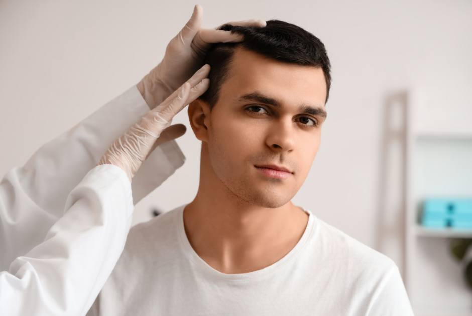 A man is getting his hair examined by a doctor.