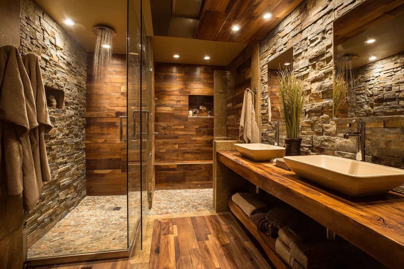 Rustic bathroom with stone walls, wooden accents, glass shower, and double sinks.
