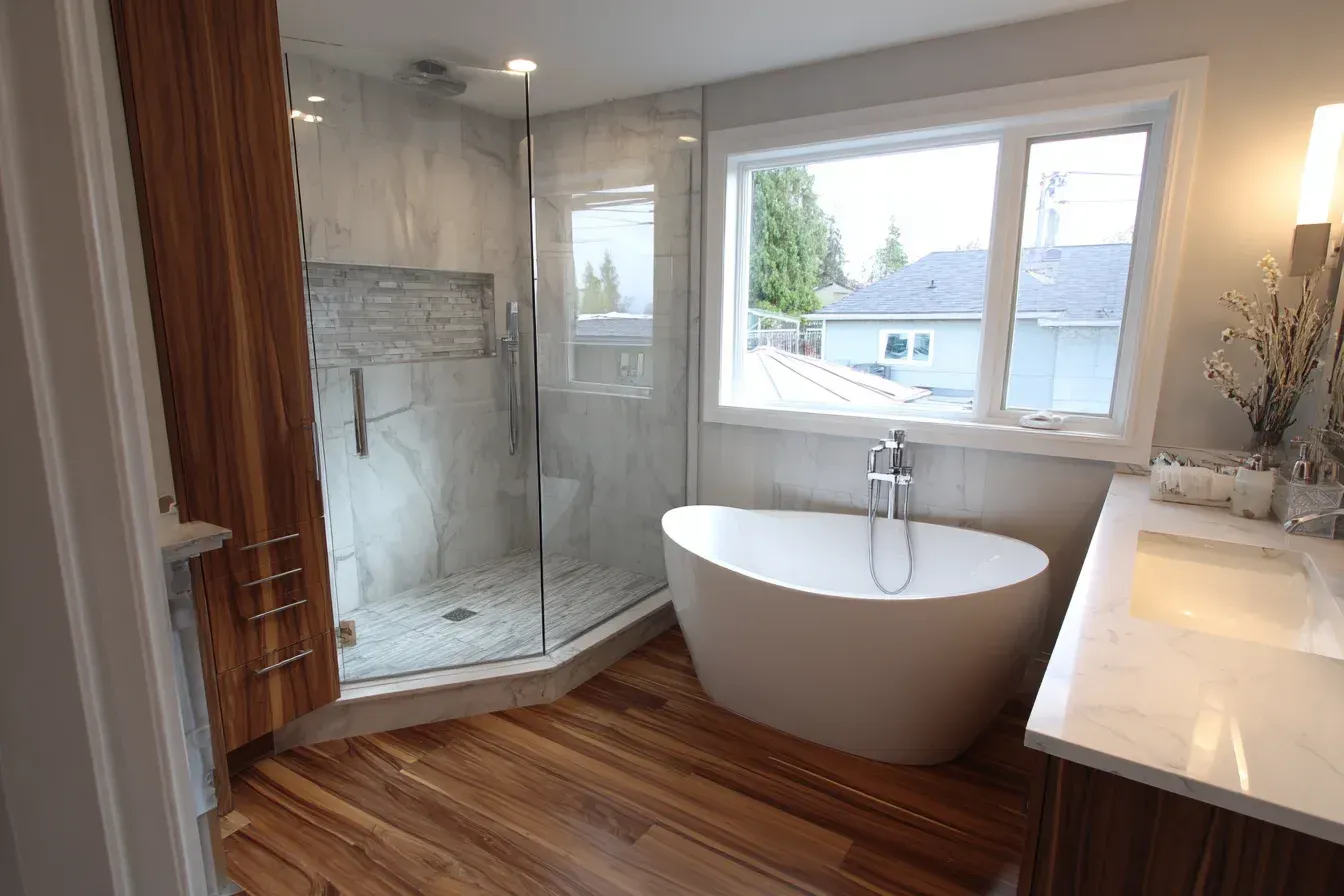 Bathroom with freestanding tub, glass shower, wood cabinets, and large window.