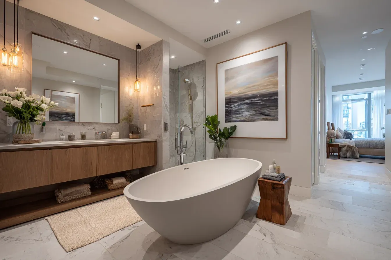 Luxurious modern bathroom with a freestanding tub, wood vanity, and art.