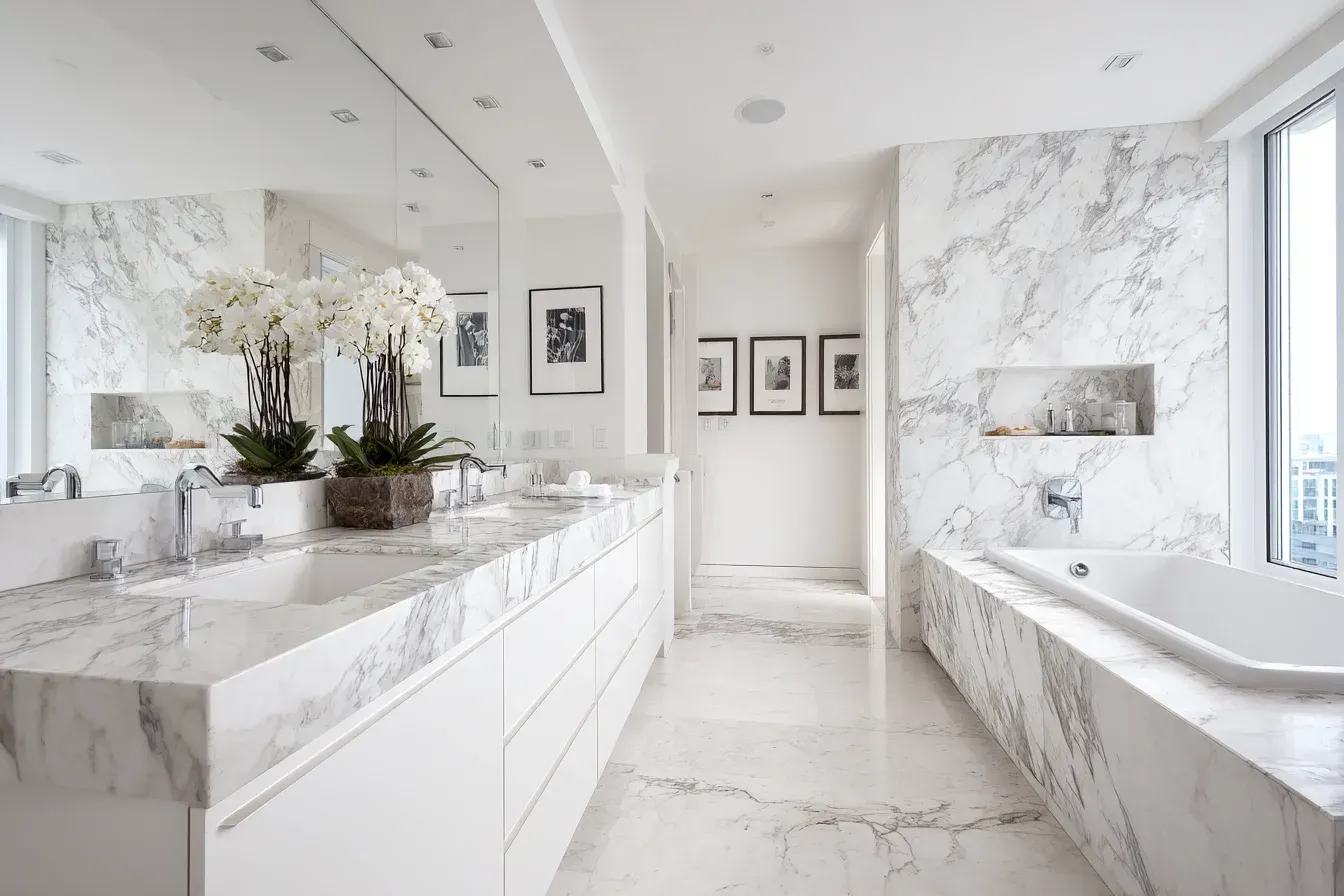 Luxurious white marble bathroom with a large vanity, tub, and floor-to-ceiling windows.